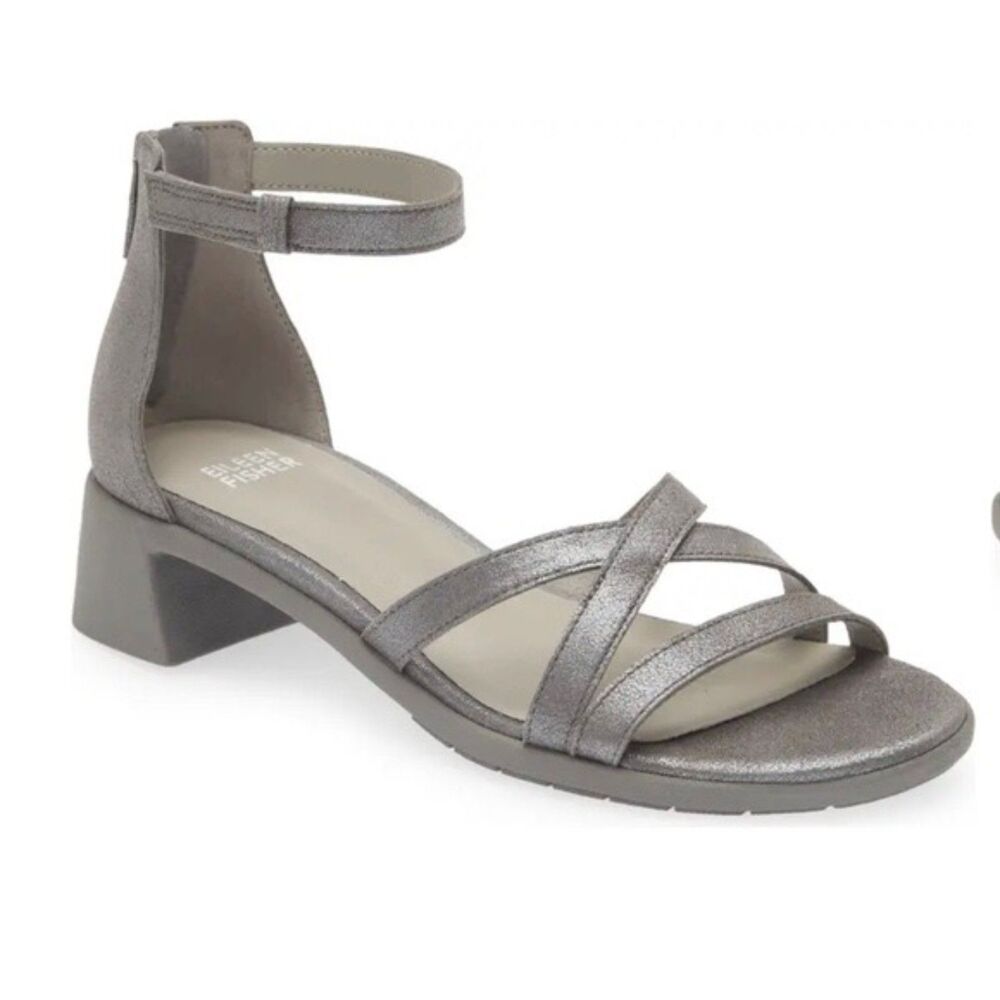 NWOB Eileen Fisher Noni Ankle Strap Sandal in Metallic Gunmetal Gray Suede 9.5